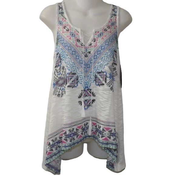 NWT Almost Famous Sleeveless Boho Top Lace Up Tassel Tie Asymmetrical Hem SMALL - Picture 1 of 10
